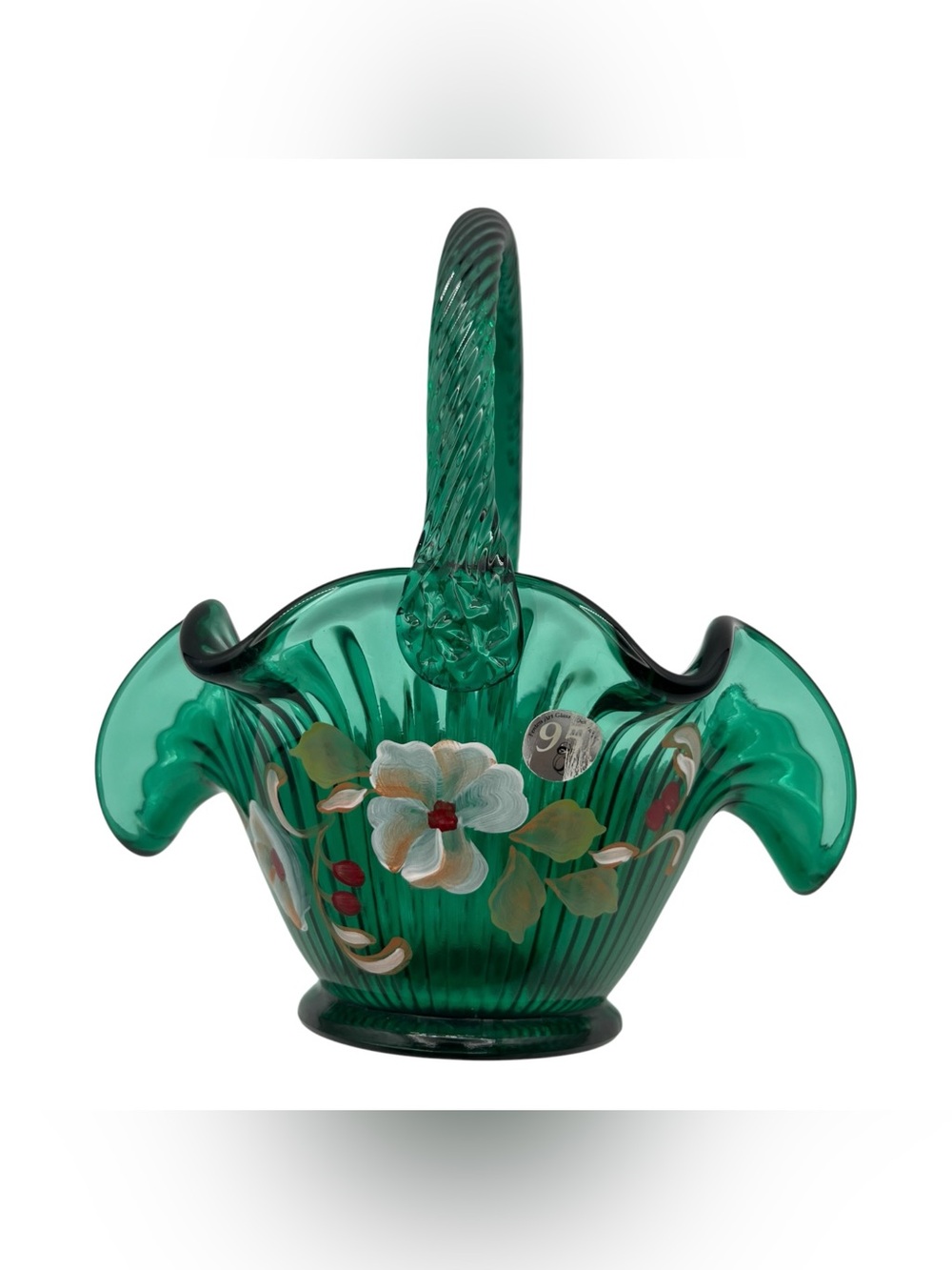 Fenton 95th Anniversary Sticker Painted Signed Teal Green Glass Ruffled Basket